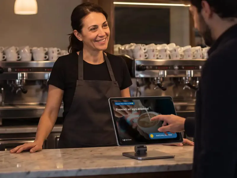 Una barista sorride a un cliente che usa il Chiosco Unipiazza sul bancone