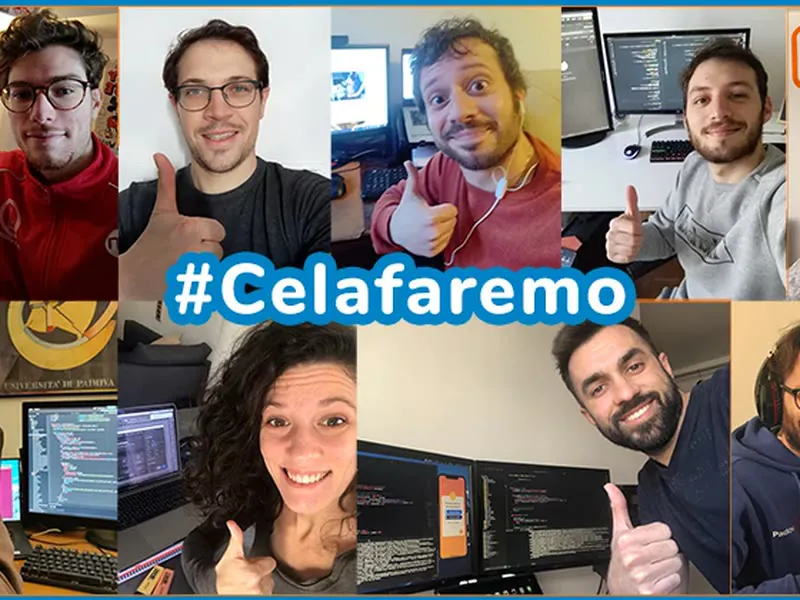 Il collage #Celafaremo, con il team al lavoro da casa durante il lockdown