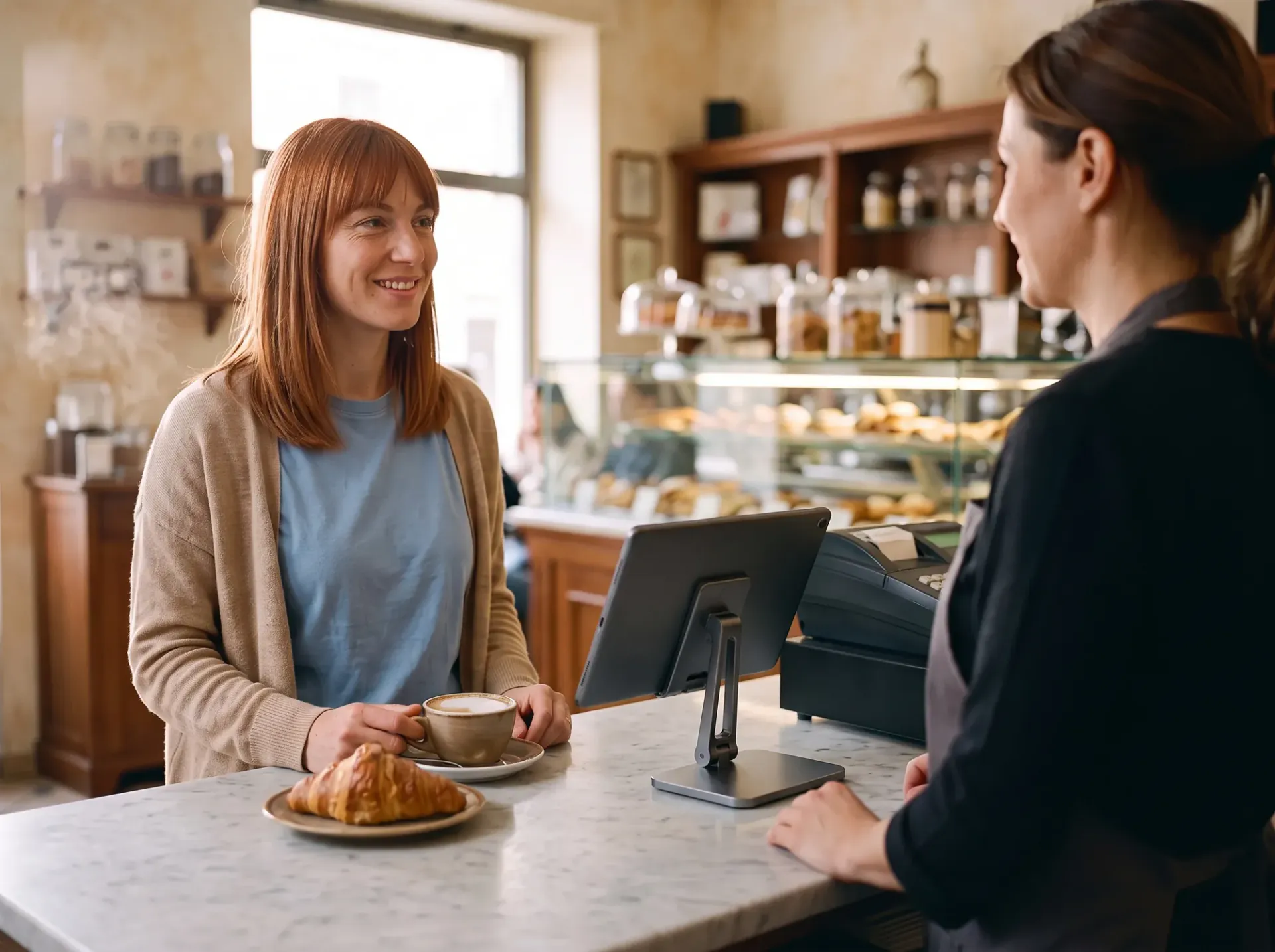 Giulia alla sua prima visita in pasticceria saluta la titolare, con il Chiosco Unipiazza accanto alla cassa