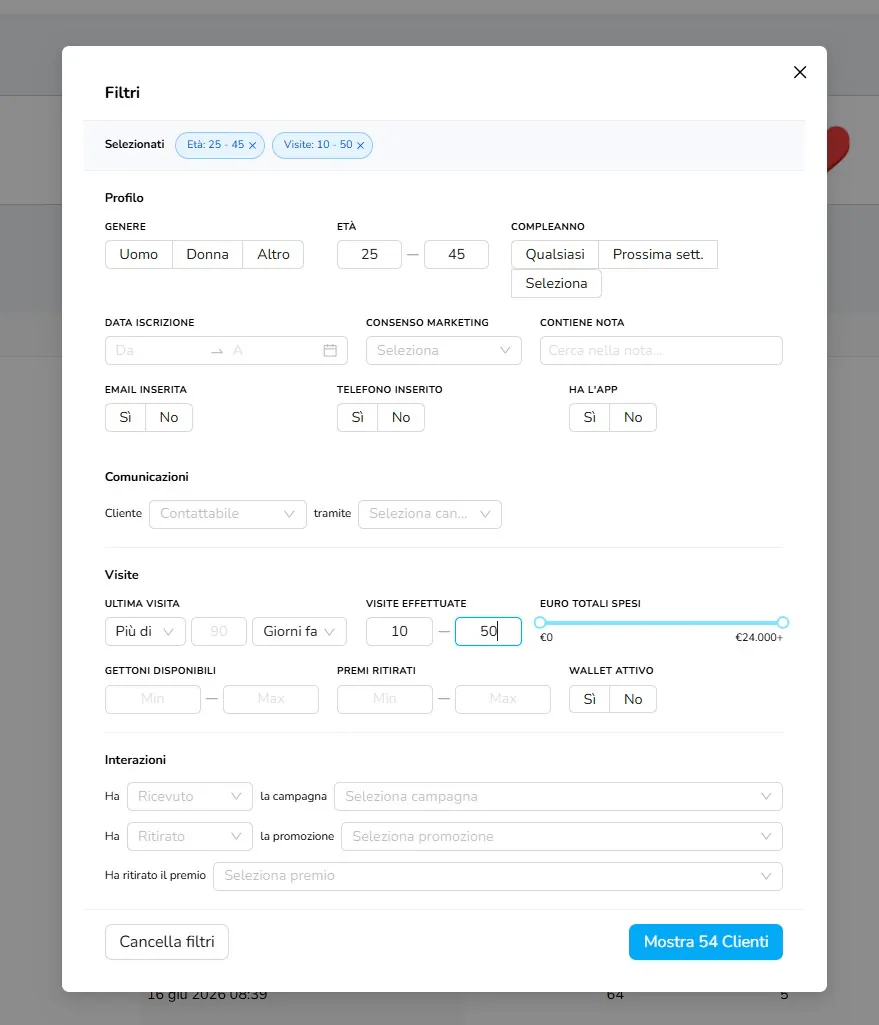 Pannello Filtra Clienti con tutti i filtri disponibili