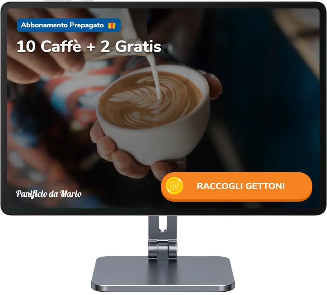 Il Chiosco Unipiazza con la copertina di un Abbonamento prepagato, «10 Caffè + 2 Gratis»
