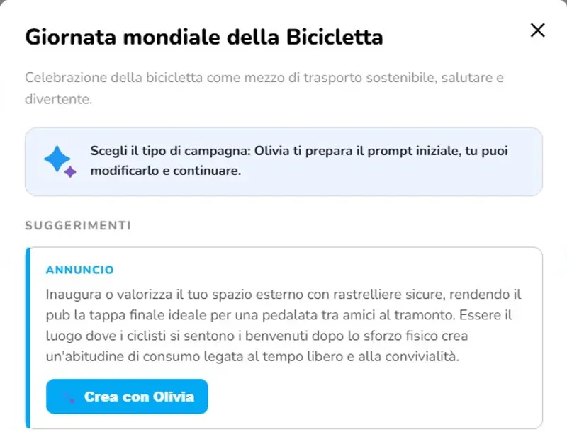 Il pannello della Giornata mondiale della Bicicletta propone un Annuncio e il pulsante «Crea con Olivia»