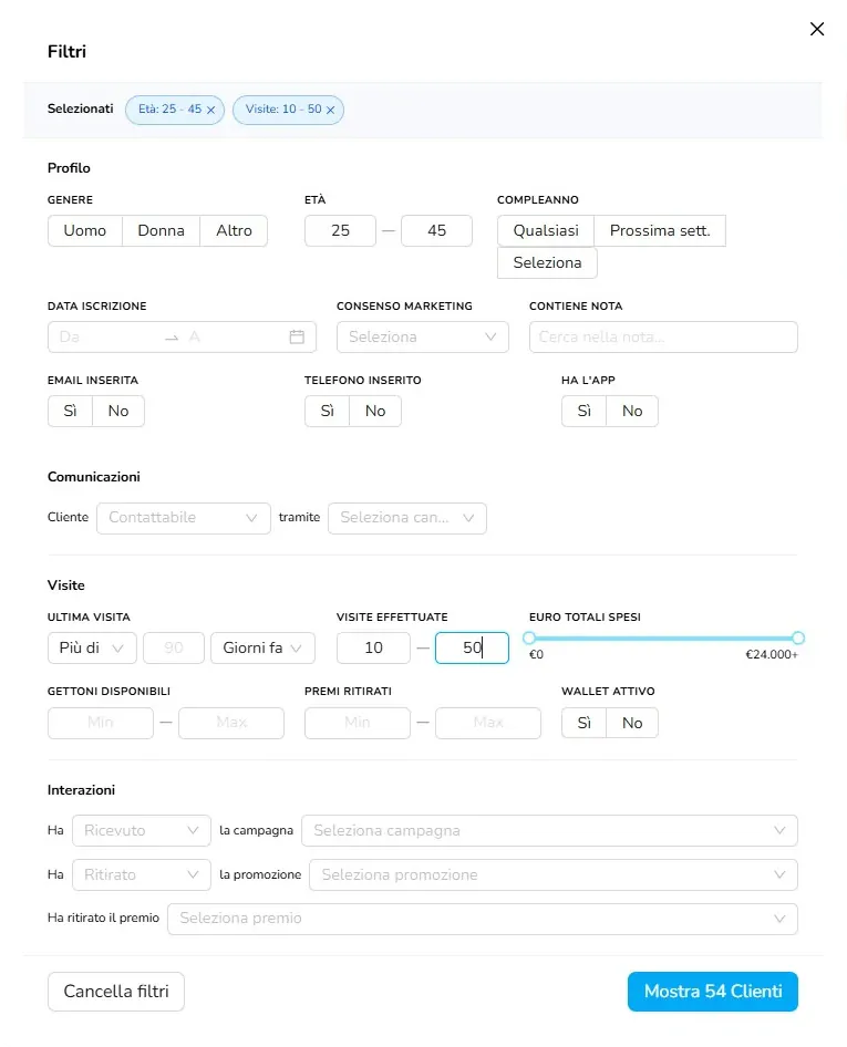 Il pannello Filtri del Gestionale: visite, ultima visita, spesa, Premi, canali e consenso marketing