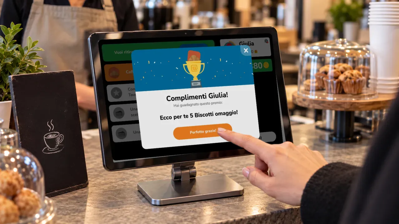 Al bancone di un bar una cliente ritira un Premio dal Chiosco