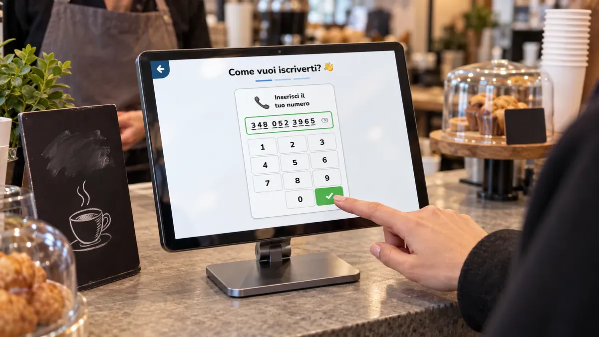 Un cliente si iscrive dal Chiosco sul bancone