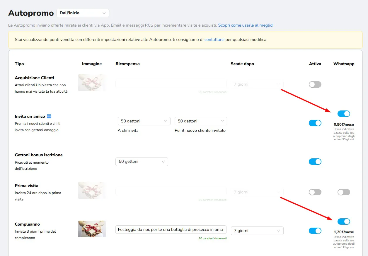 Dettaglio del Gestionale: i Gettoni bonus all’iscrizione, la Promozione Prima visita e quella Compleanno, con offerta e scadenza