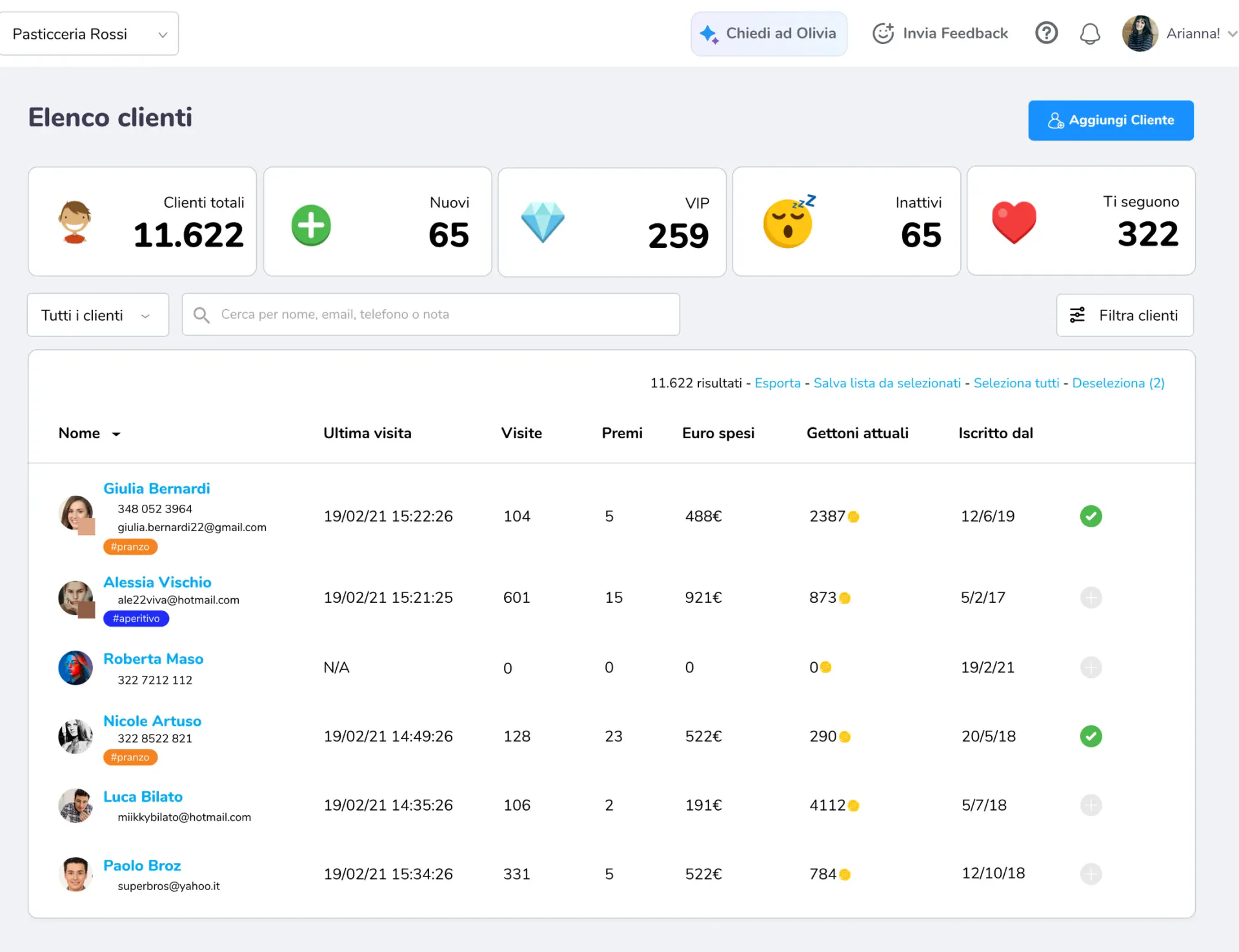 L’elenco clienti del Gestionale Unipiazza: clienti totali, nuovi, VIP e inattivi, e per ogni cliente ultima visita, visite, Premi, euro spesi e Gettoni