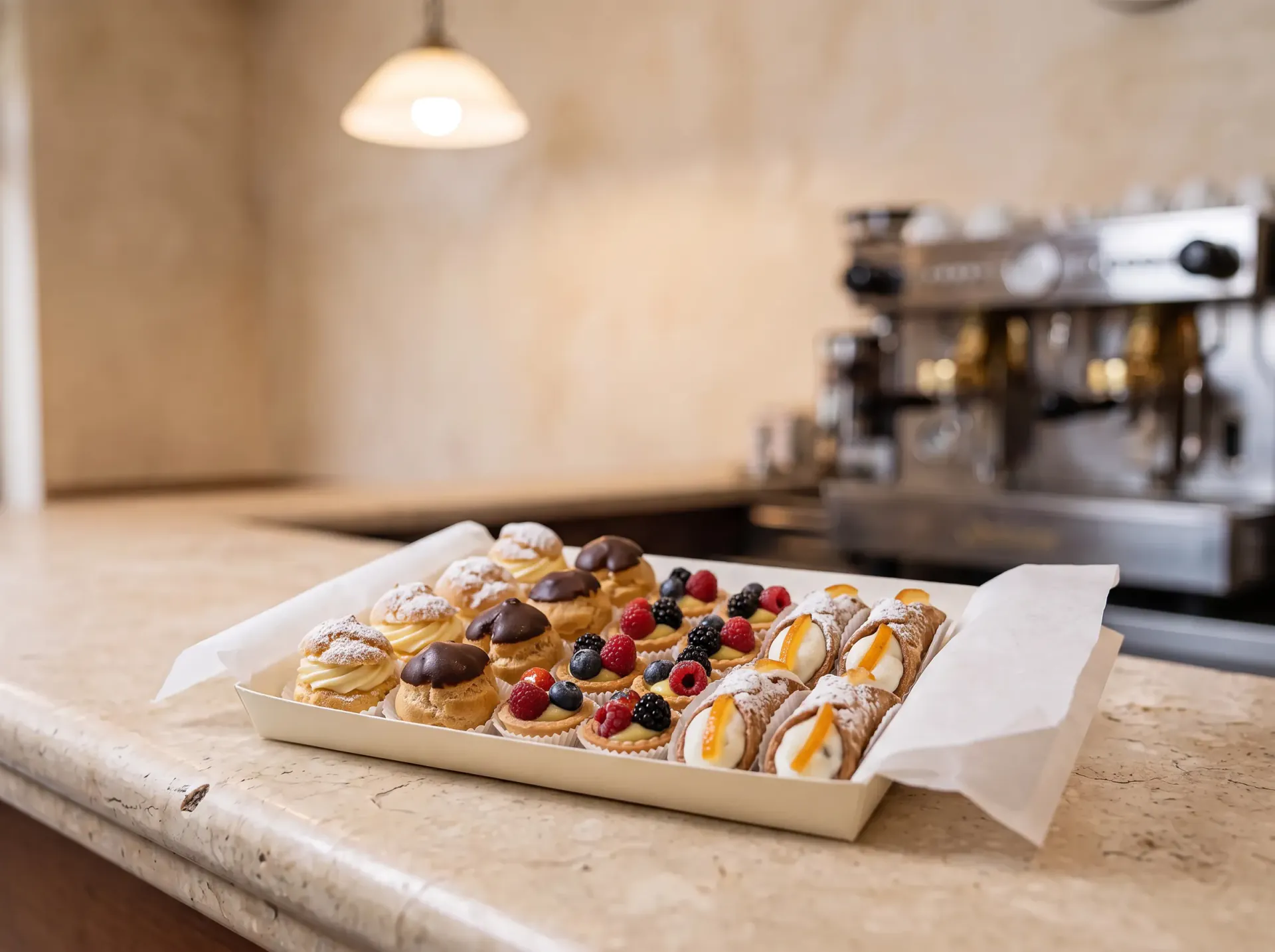 Fotografia illustrativa generata di un vassoio di pasticcini assortiti da portare a casa