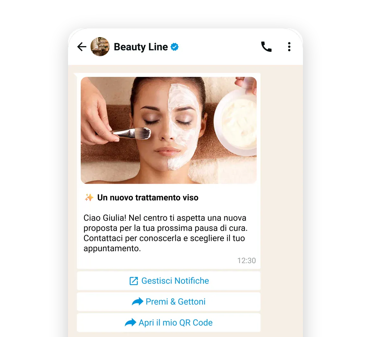 La campagna WhatsApp di Beauty Line a Giulia, «Un nuovo trattamento viso», con i bottoni per vedere Premi e Gettoni