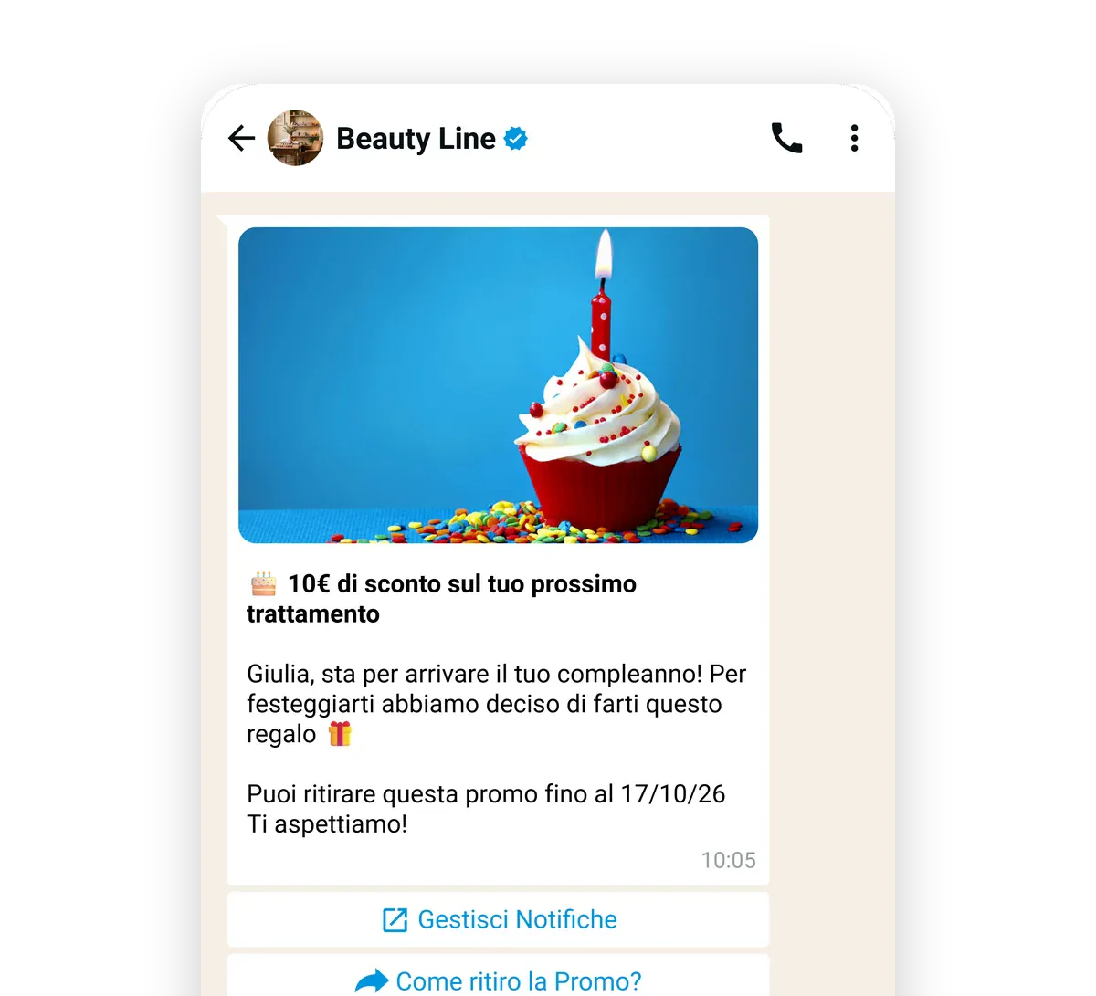 Il messaggio WhatsApp di Beauty Line a Giulia per il compleanno, con l’offerta «10€ di sconto sul tuo prossimo trattamento» e i bottoni per ritirare la promo