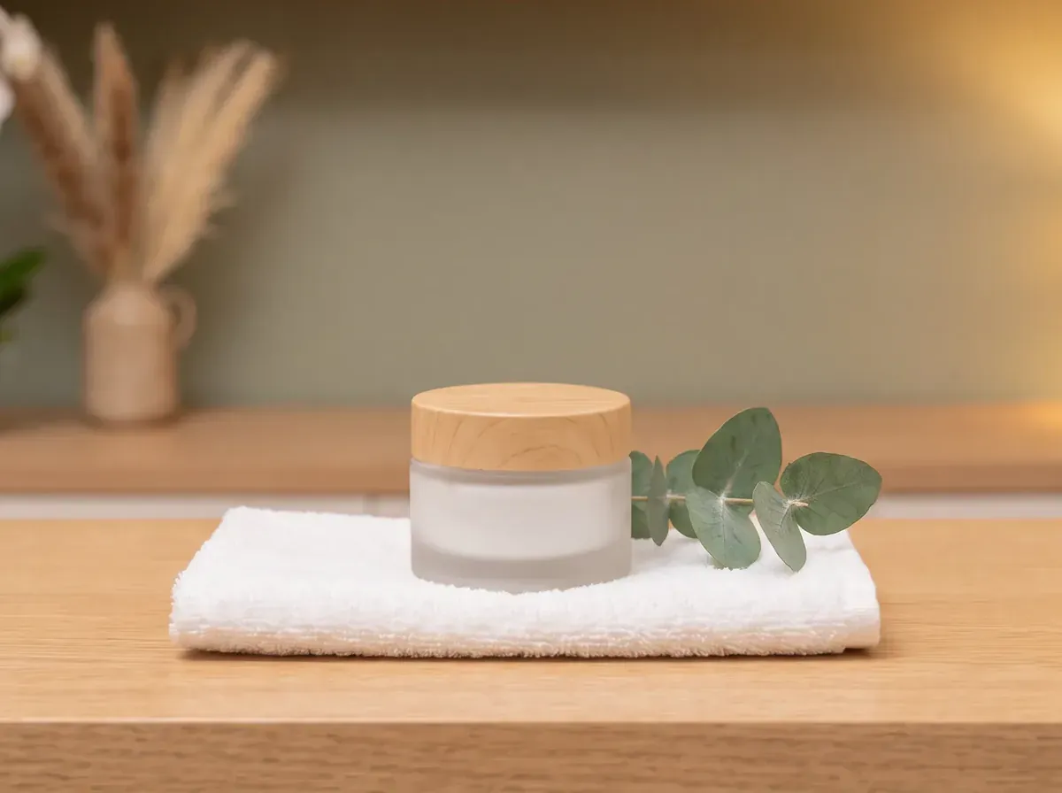 Fotografia illustrativa generata: un vasetto di crema viso su un asciugamano, con un rametto di eucalipto