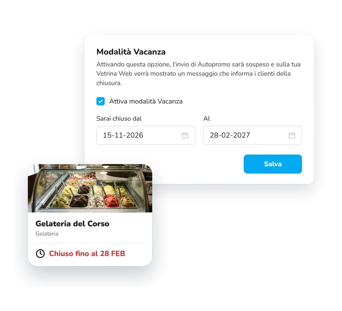 La Modalità Vacanza nel Gestionale, attiva dal 15 novembre al 28 febbraio, e la Vetrina Web della gelateria con la scritta Chiuso fino al 28 FEB