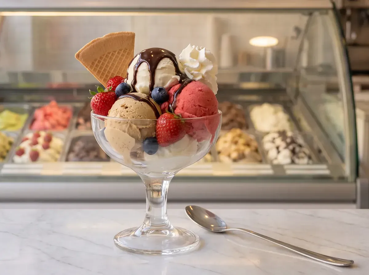 Fotografia illustrativa generata: una coppa di gelato con frutta fresca, cialda e cioccolato