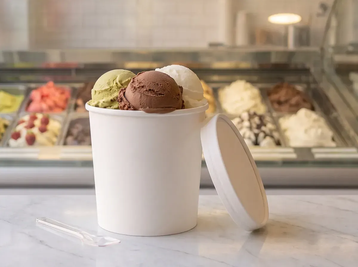 Fotografia illustrativa generata: una vaschetta da asporto con tre gusti di gelato