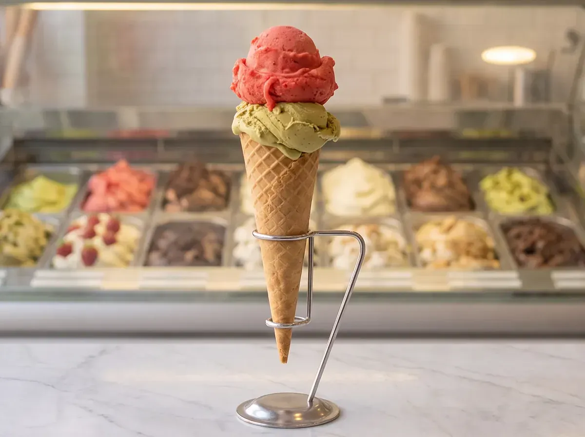 Fotografia illustrativa generata: un cono con due palline, fragola e pistacchio, sul bancone della gelateria