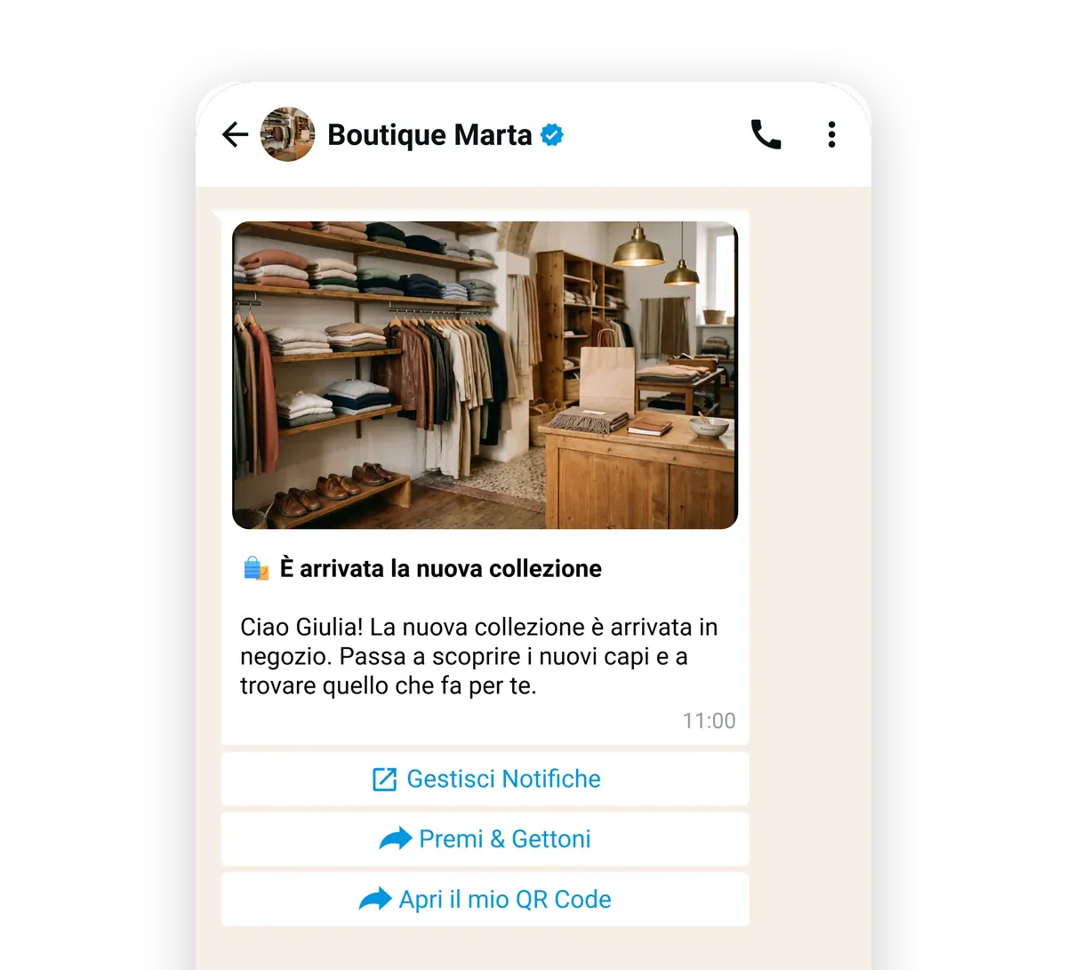 La campagna WhatsApp di Boutique Marta a Giulia, «È arrivata la nuova collezione», con i bottoni per vedere Premi e Gettoni