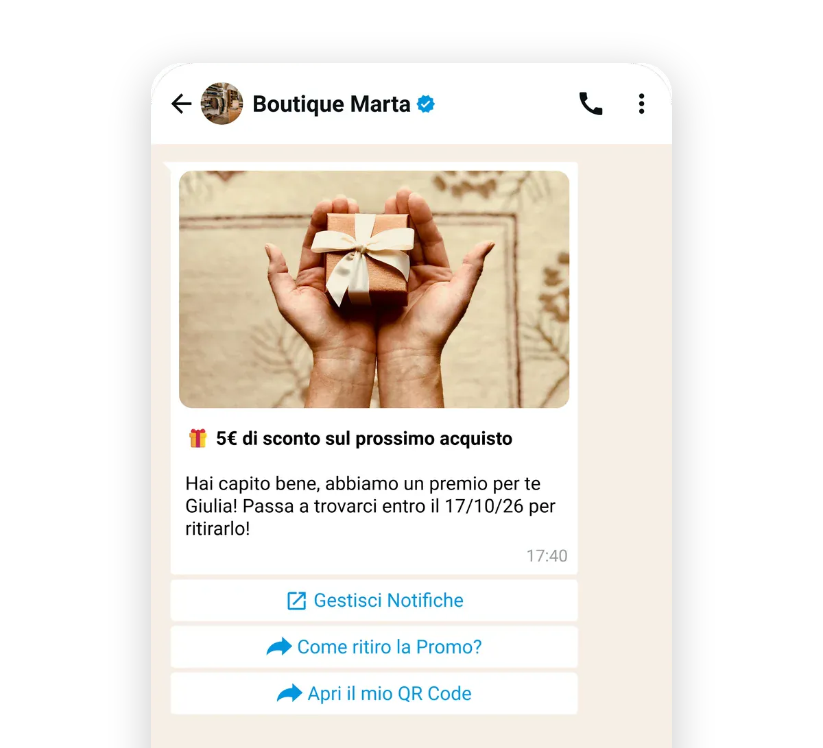 Il messaggio WhatsApp di Boutique Marta a Giulia che non passa da un po’, con l’offerta «5€ di sconto sul prossimo acquisto» e i bottoni per ritirare la promo