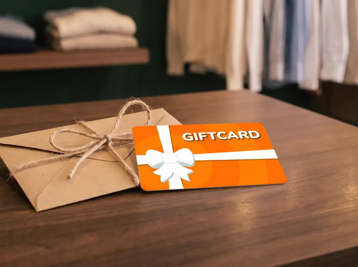 Fotografia illustrativa generata: una Gift Card accanto a una busta regalo, sul bancone del negozio