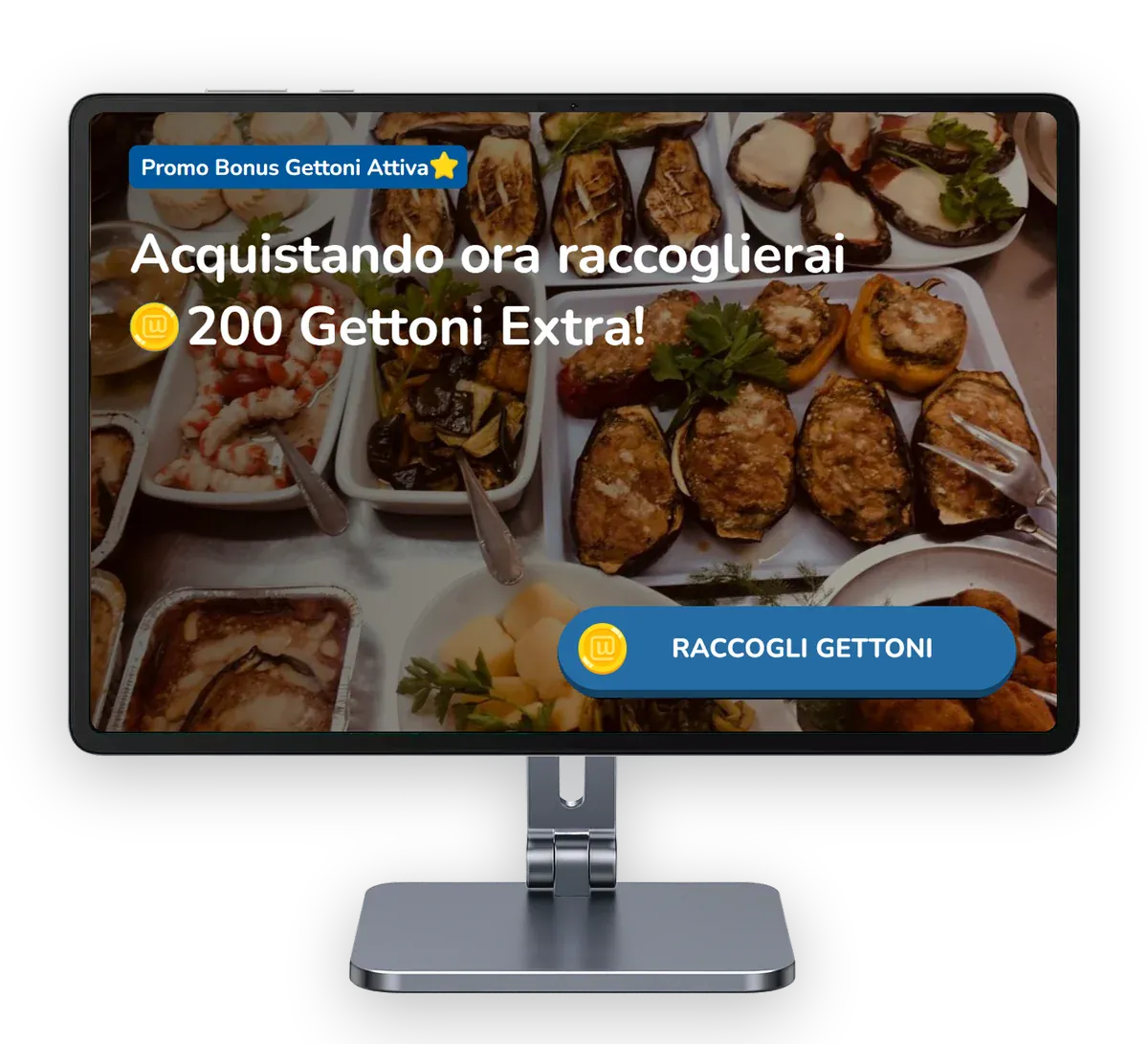 Il Chiosco Unipiazza con la cover del Booster attivo, «Promo Bonus Gettoni Attiva» e «Acquistando ora raccoglierai 200 Gettoni Extra!»