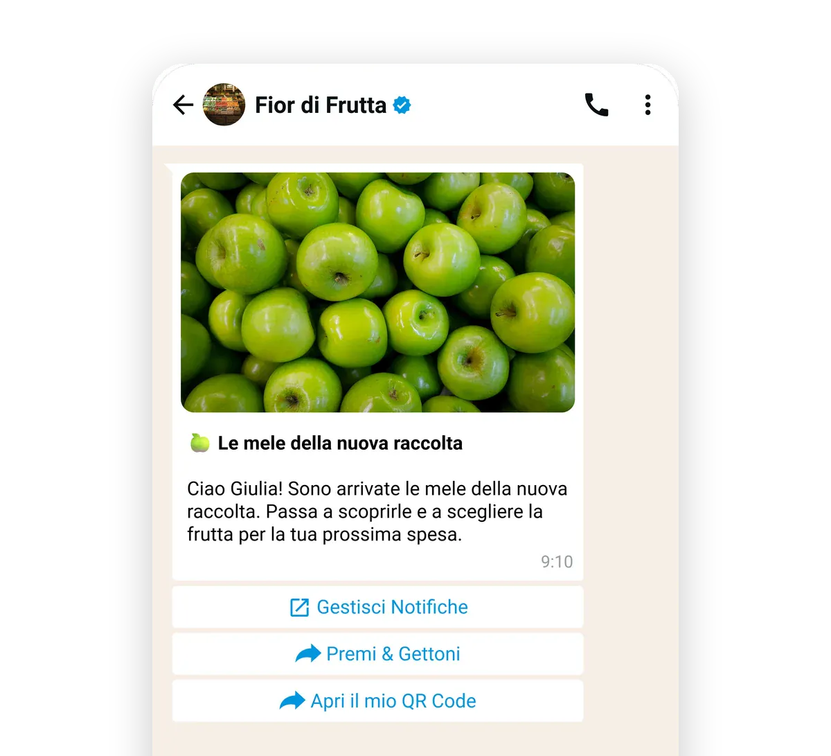 La campagna WhatsApp di Fior di Frutta a Giulia, «Le mele della nuova raccolta», con i bottoni per vedere Premi e Gettoni