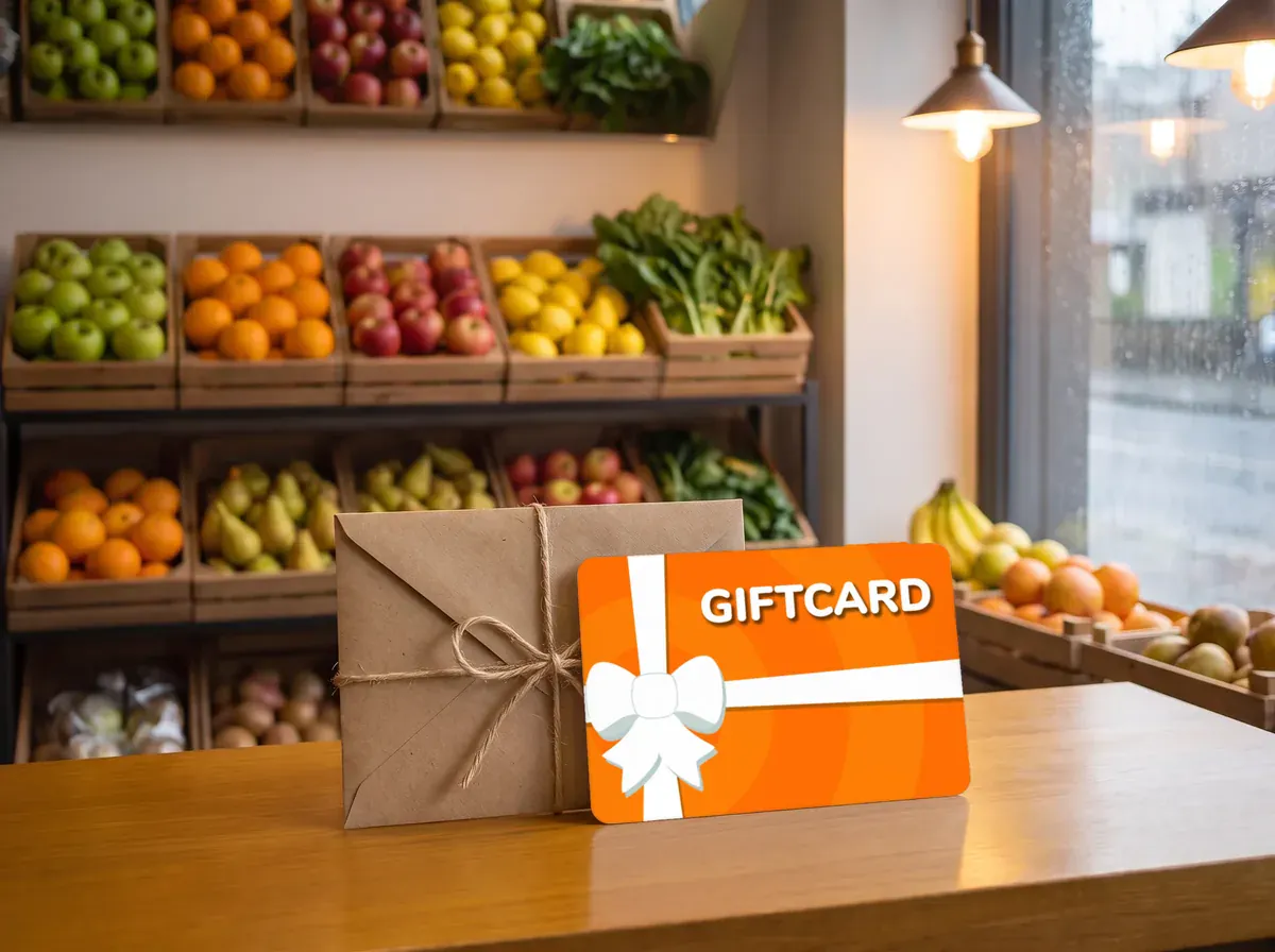 Fotografia illustrativa generata: una Gift Card accanto a una busta regalo, sul bancone del negozio