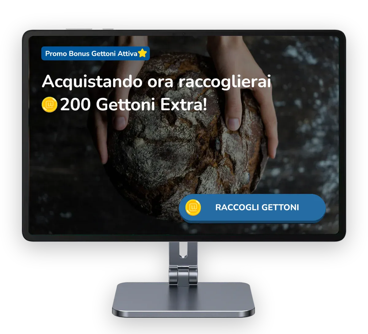 Il Chiosco Unipiazza con la cover del Booster attivo, «Promo Bonus Gettoni Attiva» e «Acquistando ora raccoglierai 200 Gettoni Extra!»
