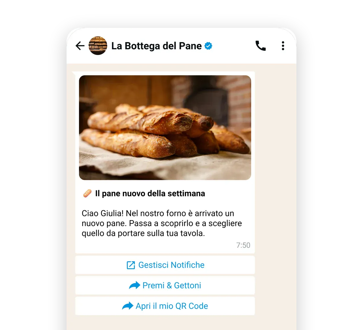 La campagna WhatsApp della Bottega del Pane a Giulia, «Il pane nuovo della settimana», con i bottoni per vedere Premi e Gettoni