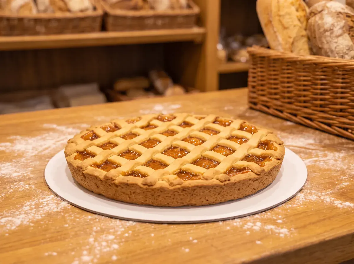 Fotografia illustrativa generata: una crostata di albicocche con la grata di pasta frolla