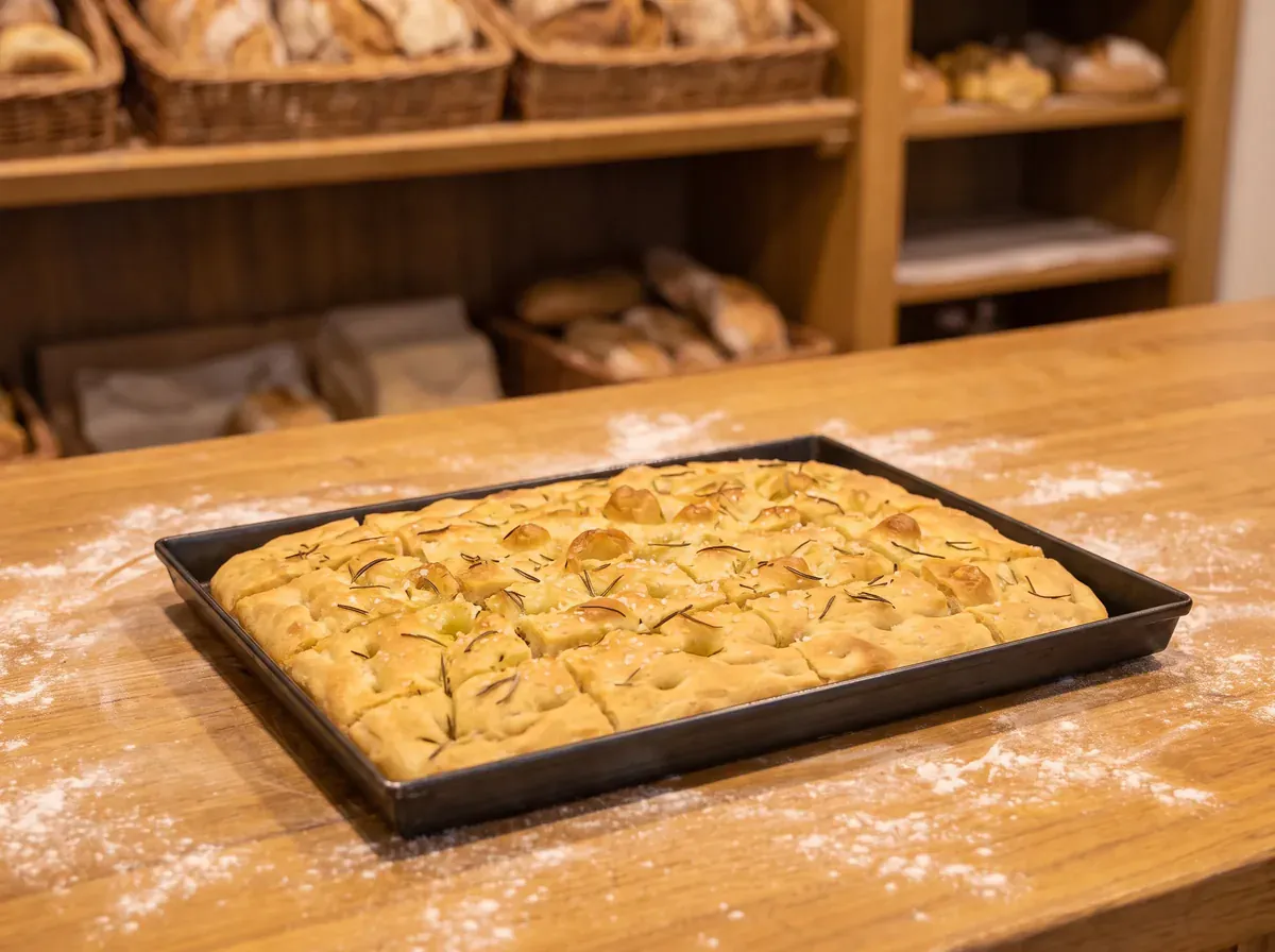 Fotografia illustrativa generata: una teglia di focaccia appena sfornata sul bancone del panificio