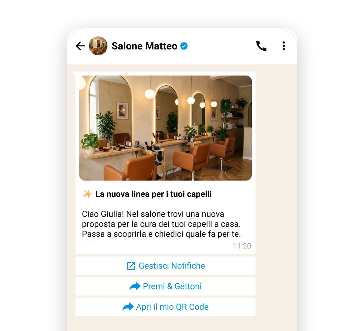La campagna WhatsApp di Salone Matteo a Giulia, «La nuova linea per i tuoi capelli», con i bottoni per vedere Premi e Gettoni
