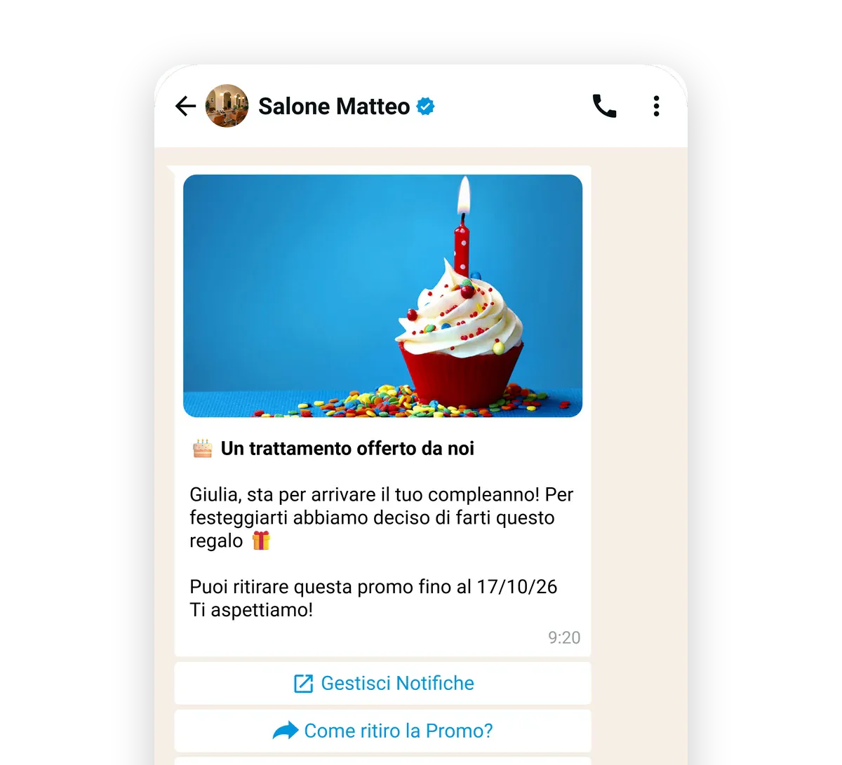Il messaggio WhatsApp di Salone Matteo a Giulia per il compleanno, con l’offerta «Un trattamento offerto da noi» e i bottoni per ritirare la promo