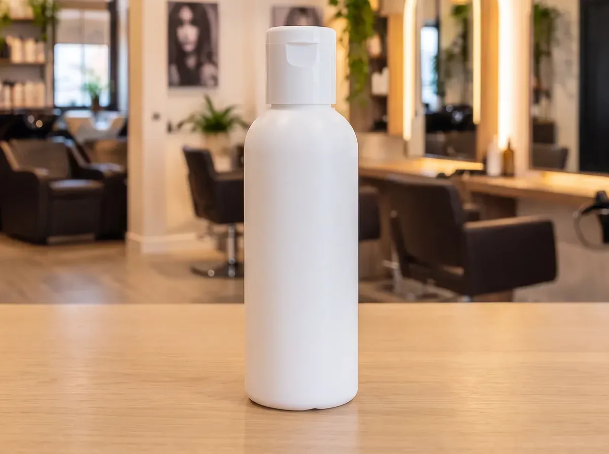 Fotografia illustrativa generata: un flacone di shampoo da viaggio sul bancone del salone