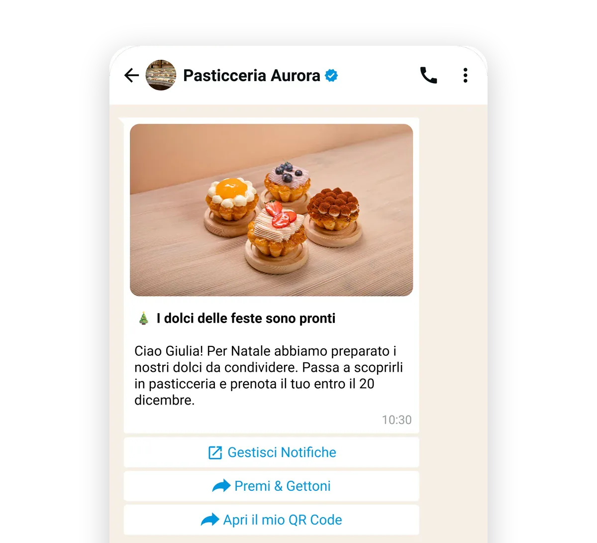 La campagna WhatsApp di Pasticceria Aurora a Giulia, «I dolci delle feste sono pronti», con i bottoni per vedere Premi e Gettoni