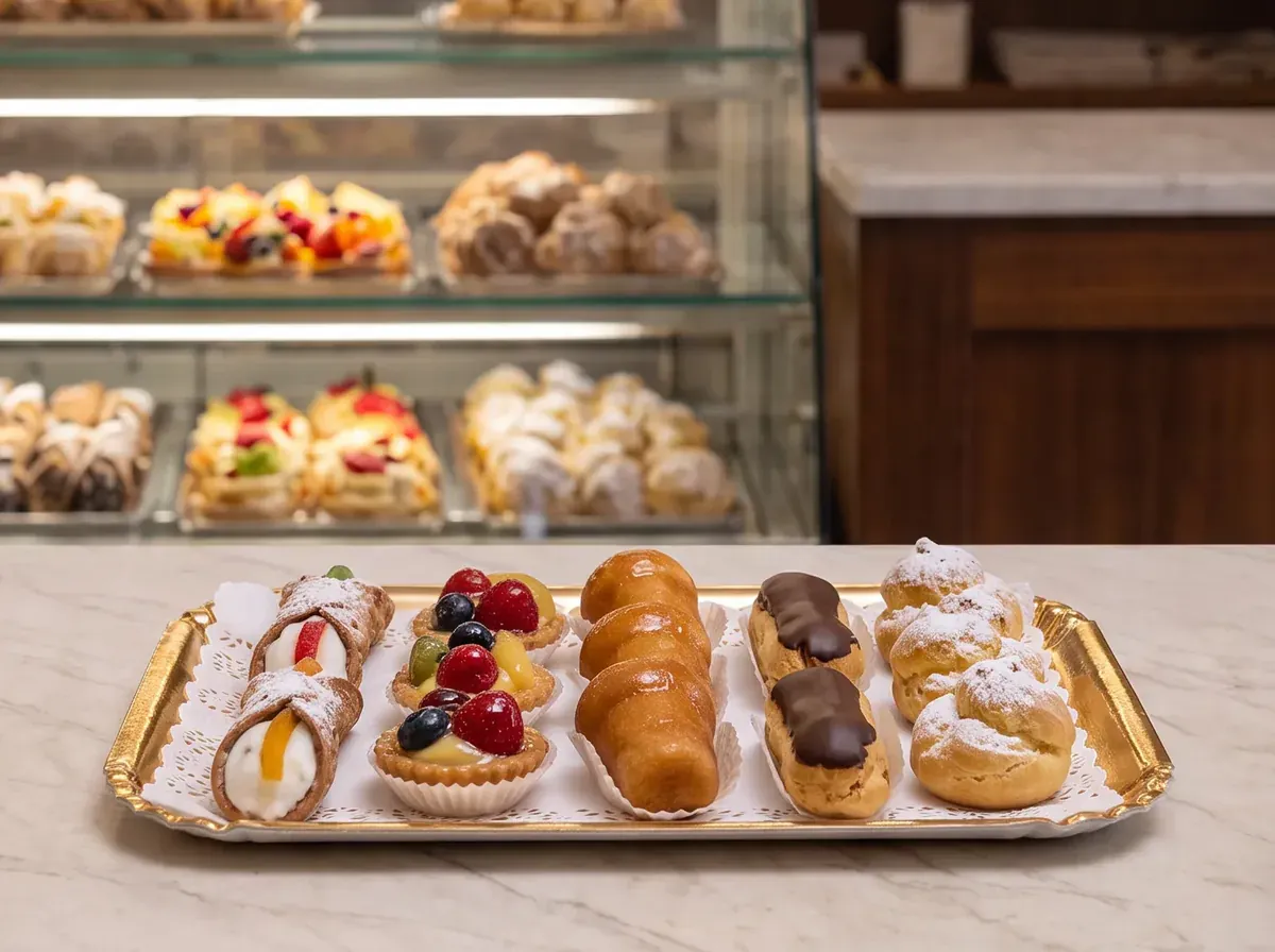 Fotografia illustrativa generata: un vassoio di pastine assortite sul bancone, con la vetrina della pasticceria dietro