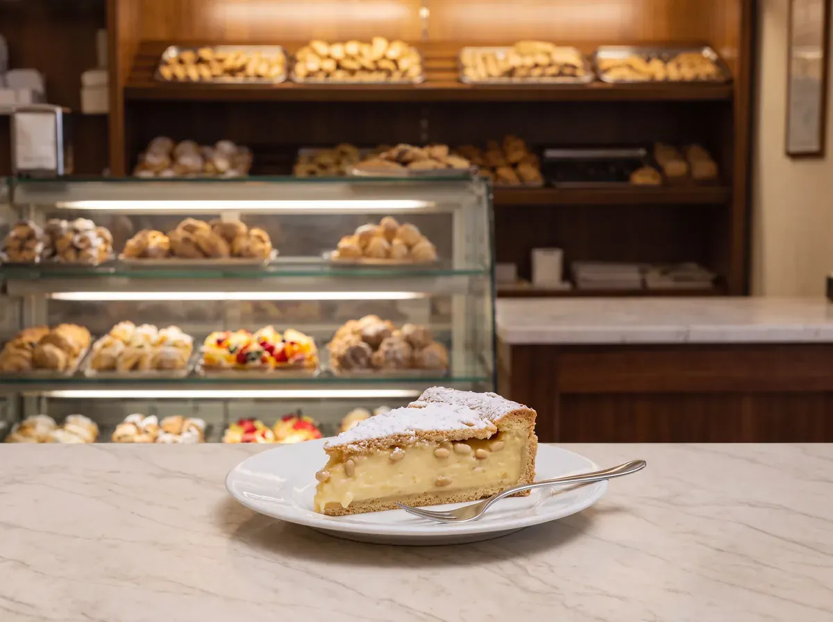 Fotografia illustrativa generata: una fetta di torta della nonna su un piattino