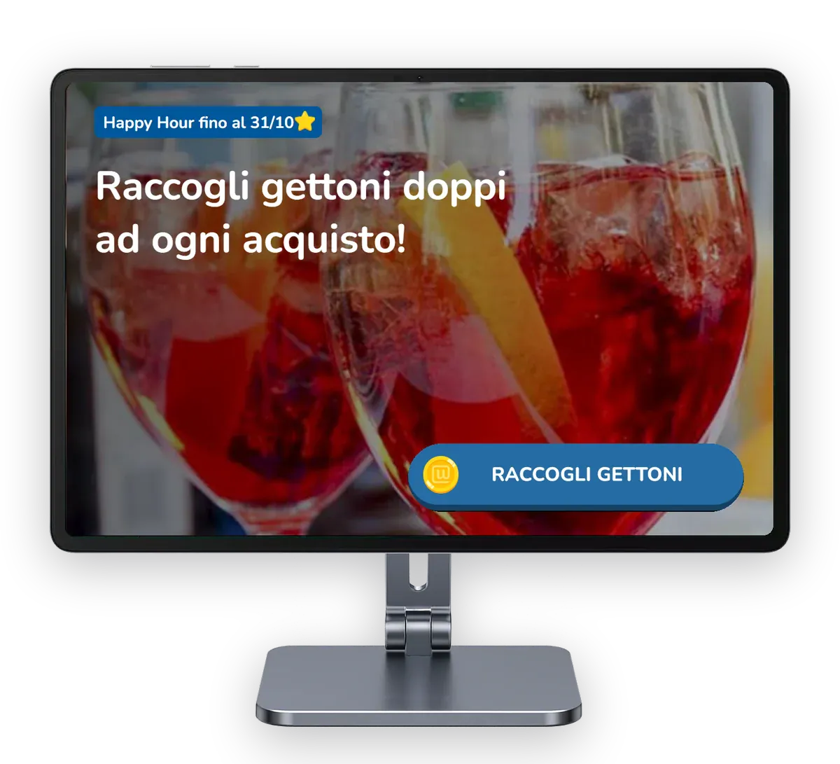 Il Chiosco Unipiazza con la cover del Booster attivo, «Happy Hour fino al 31/10» e «Raccogli gettoni doppi ad ogni acquisto!»