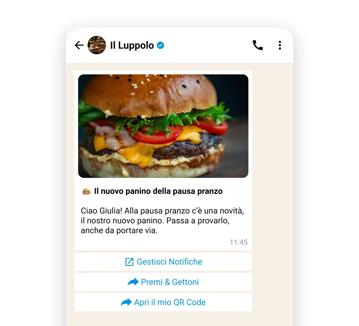 La campagna WhatsApp del Luppolo a Giulia, «Il nuovo panino della pausa pranzo», con i bottoni per vedere Premi e Gettoni