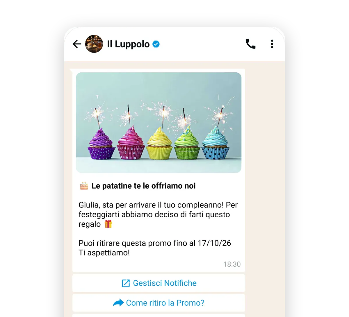 Il messaggio WhatsApp del Luppolo a Giulia per il compleanno, con l’offerta «Le patatine te le offriamo noi» e i bottoni per ritirare la promo