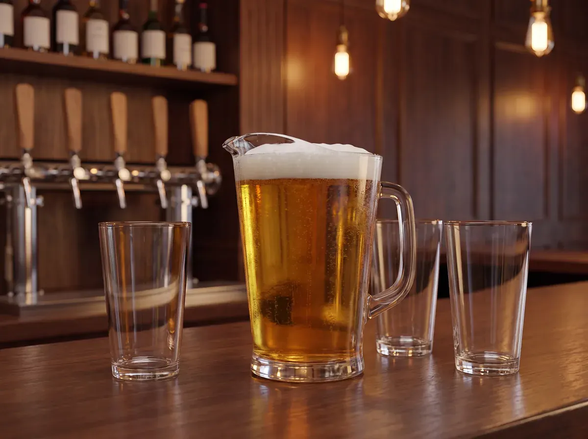 Fotografia illustrativa generata: una caraffa di birra con tre bicchieri vuoti da condividere