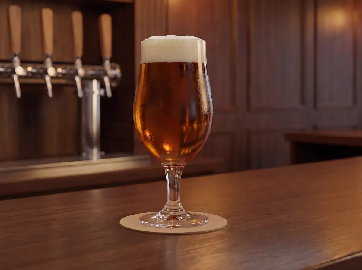 Fotografia illustrativa generata: un calice di birra artigianale ambrata sul bancone del pub