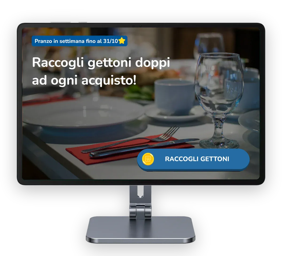 Il Chiosco Unipiazza con la cover del Booster attivo, «Pranzo in settimana fino al 31/10» e «Raccogli gettoni doppi ad ogni acquisto!»