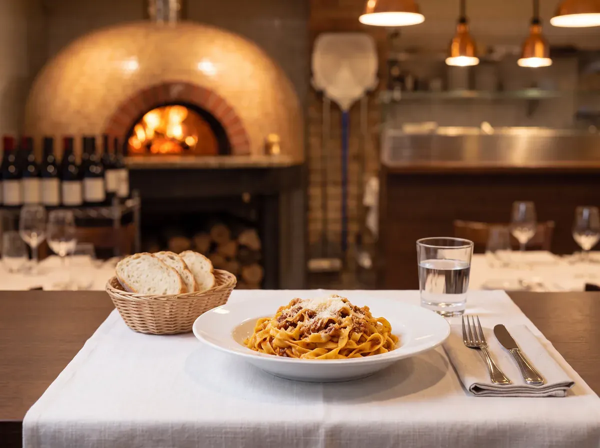 Fotografia illustrativa generata: un piatto di tagliatelle al ragù con il pane e l’acqua su una tovaglia bianca