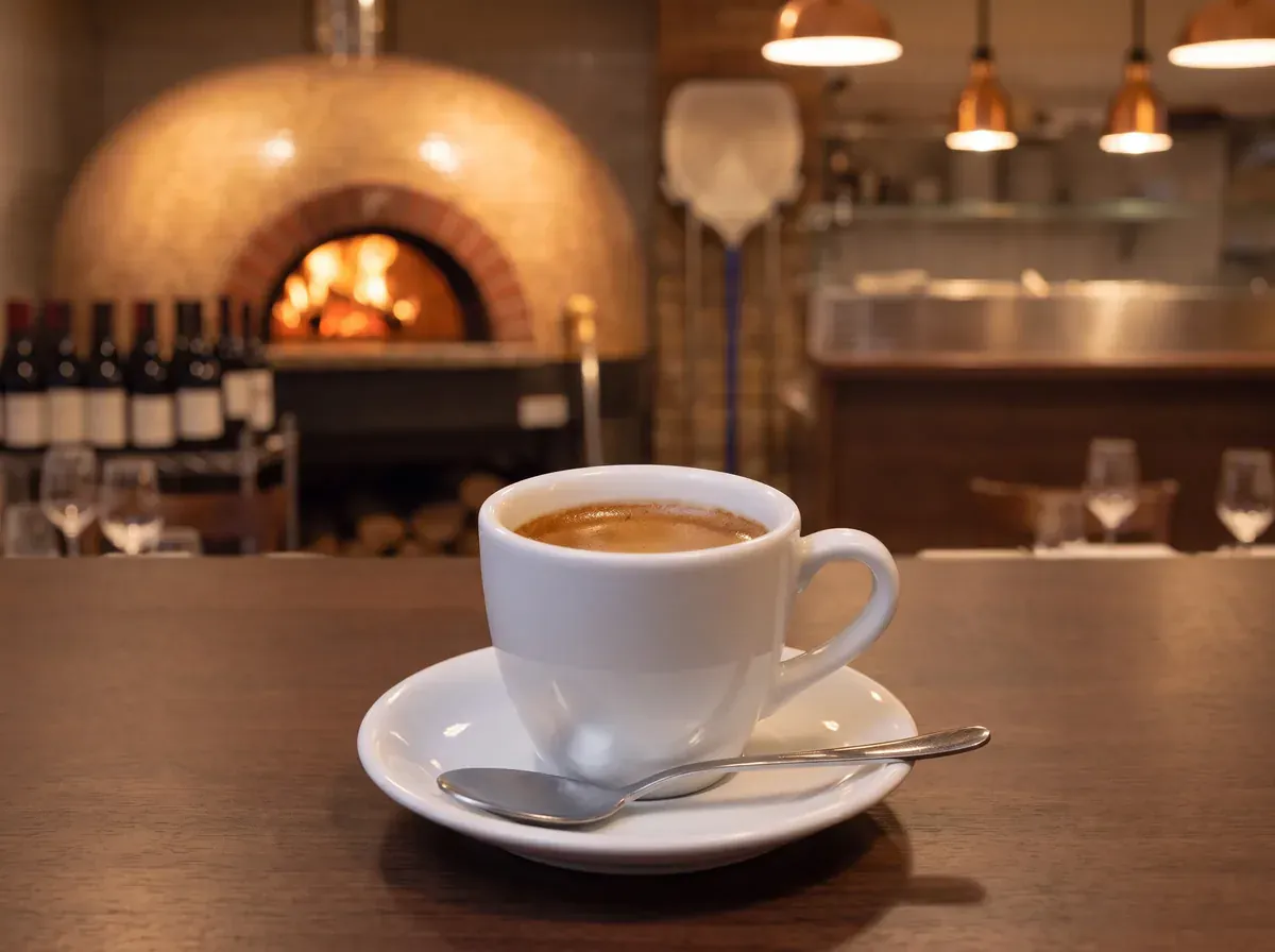 Fotografia illustrativa generata: una tazzina di caffè sul tavolo della pizzeria, con il forno a legna sullo sfondo