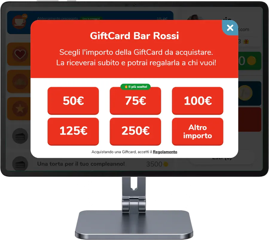 Il Chiosco Unipiazza con la finestra per acquistare una GiftCard: tagli da 50 a 250 euro e «Altro importo»