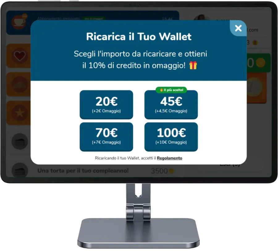 Il Chiosco Unipiazza con la finestra «Ricarica il Tuo Wallet»: tagli da 20, 45, 70 e 100 euro, ciascuno con il 10% di credito in omaggio, e l’etichetta «Il più scelto» sul taglio da 45