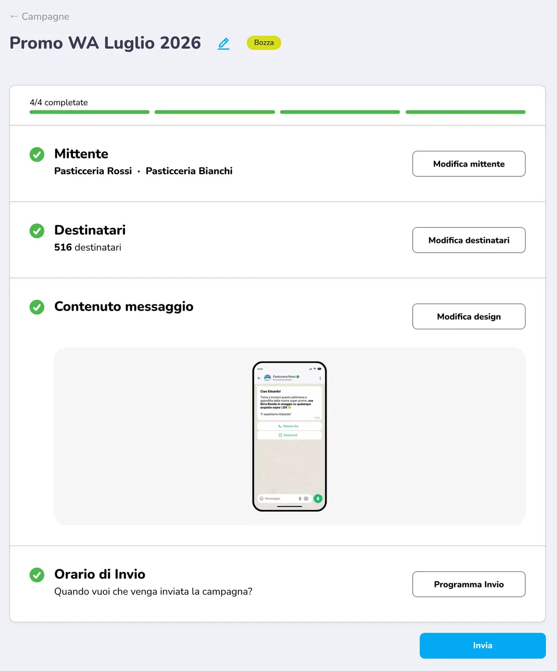 La campagna «Promo WA Luglio 2026» nel Gestionale, pronta all’invio: mittente, 516 destinatari, contenuto del messaggio con l’anteprima e orario di invio completati, e il pulsante Invia