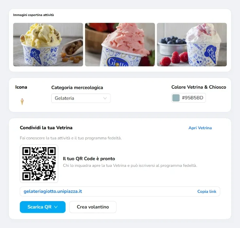 La sezione Vetrina del Gestionale di Gelateria Giotto: immagini di copertina, icona, categoria e colore, e il riquadro Condividi la tua Vetrina con QR Code, link, Scarica QR e Crea volantino